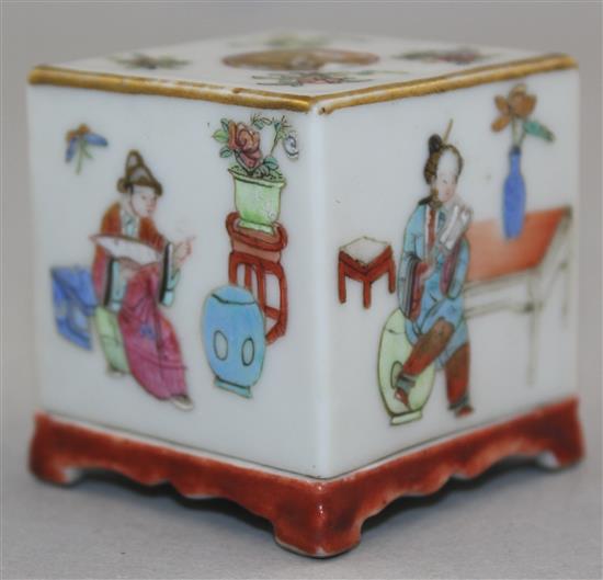 A Chinese famille rose brush rest and a similar miniature incense burner and cover, mid 19th century, 4.8cm high